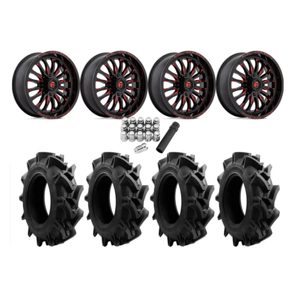 EFX Motohavok 45x10-24 Tires on Fuel Arc Gloss Black Milled Red Wheels, complete kit