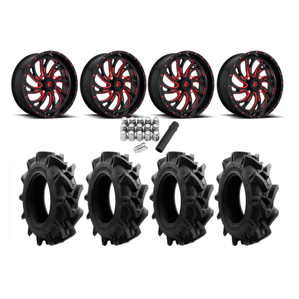 EFX Motohavok 33x8.5-20 Tires on Fuel Kompressor Gloss Black with Red Tint Wheels, complete kit