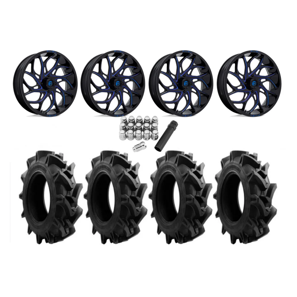 EFX Motohavok 35x8.5-22 Tires on Fuel Runner Candy Blue Wheels, complete kit