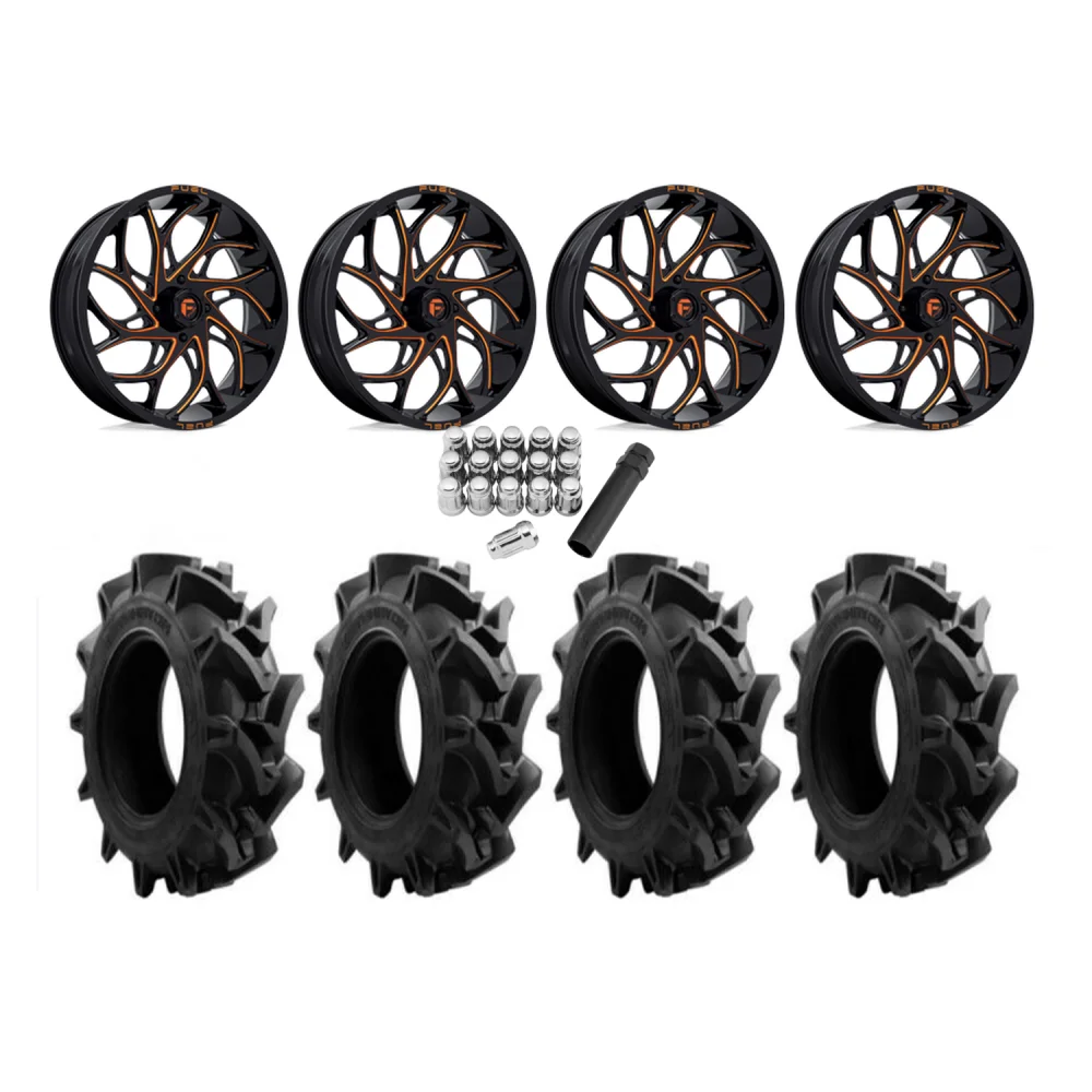 EFX Motohavok 33x8.5-20 Tires on Fuel Runner Candy Orange Wheels, complete kit