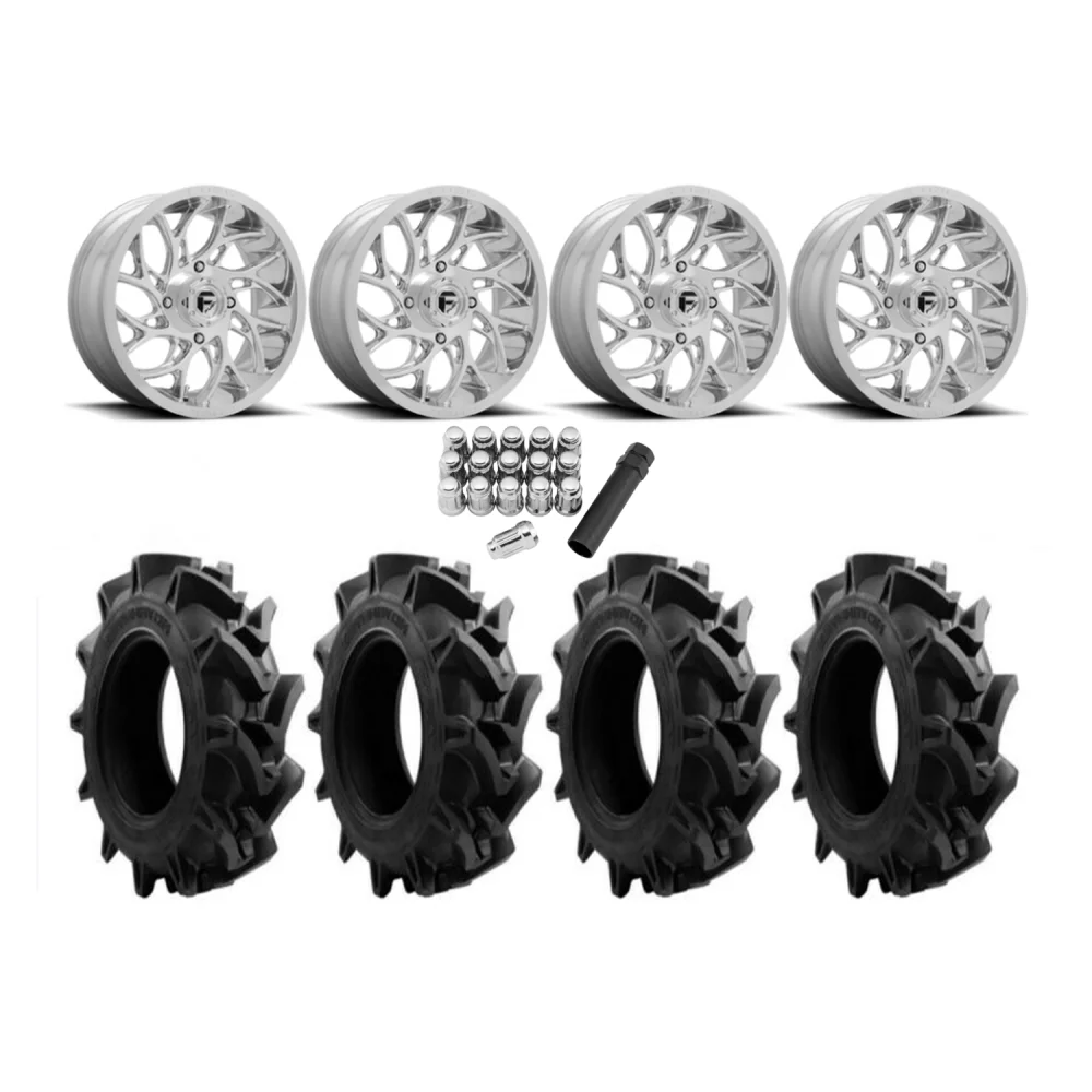 EFX Motohavok 35x8.5-20 Tires on Fuel Runner Polished Wheels, complete kit