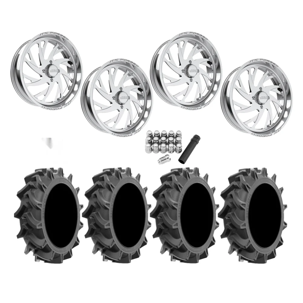 EFX Motohavok 45x10-24 Tires on JTX Forged Sawback Polished Wheels, complete kit