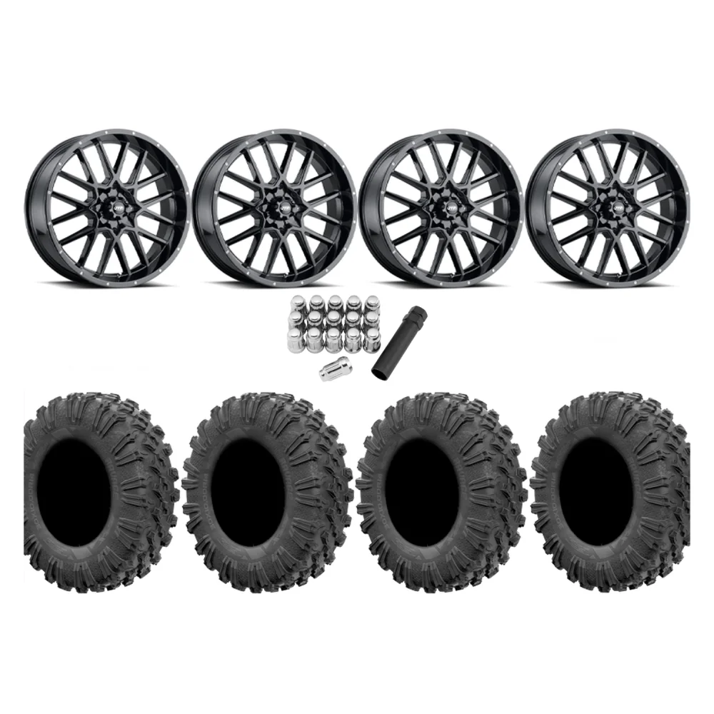 EFX Motoravage 35x10-20 Tires on ITP Hurricane Gloss Black Wheels, complete kit