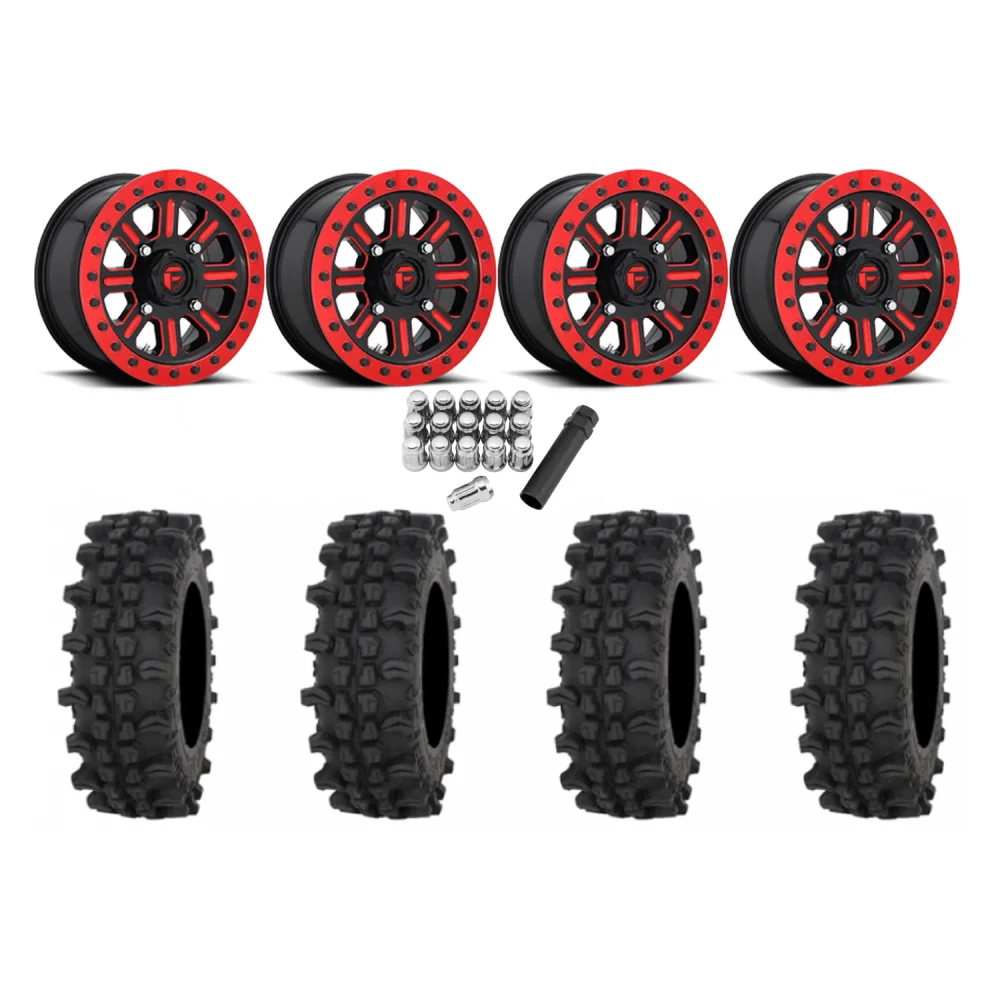 Frontline ACP 32x10-15 Tires on Fuel Hardline Gloss Black with Candy Red Beadlock Wheels, complete kit