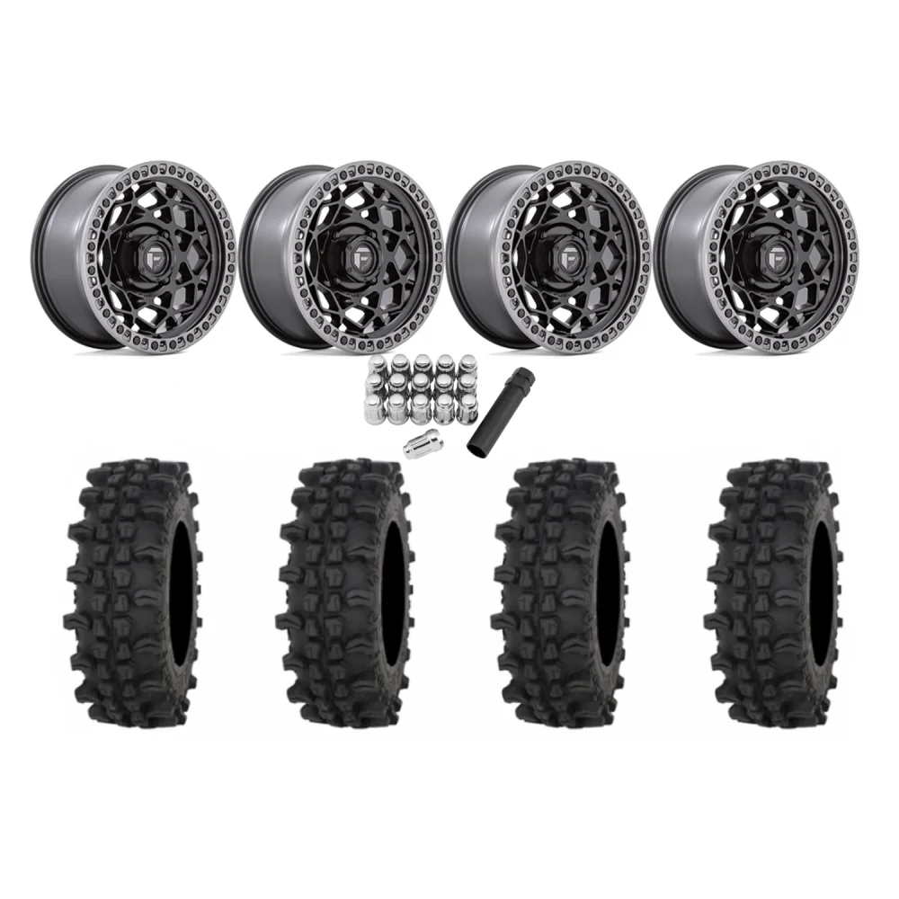 Frontline ACP 32x10-15 Tires on Fuel Unit Matte Black Wheels, complete kit