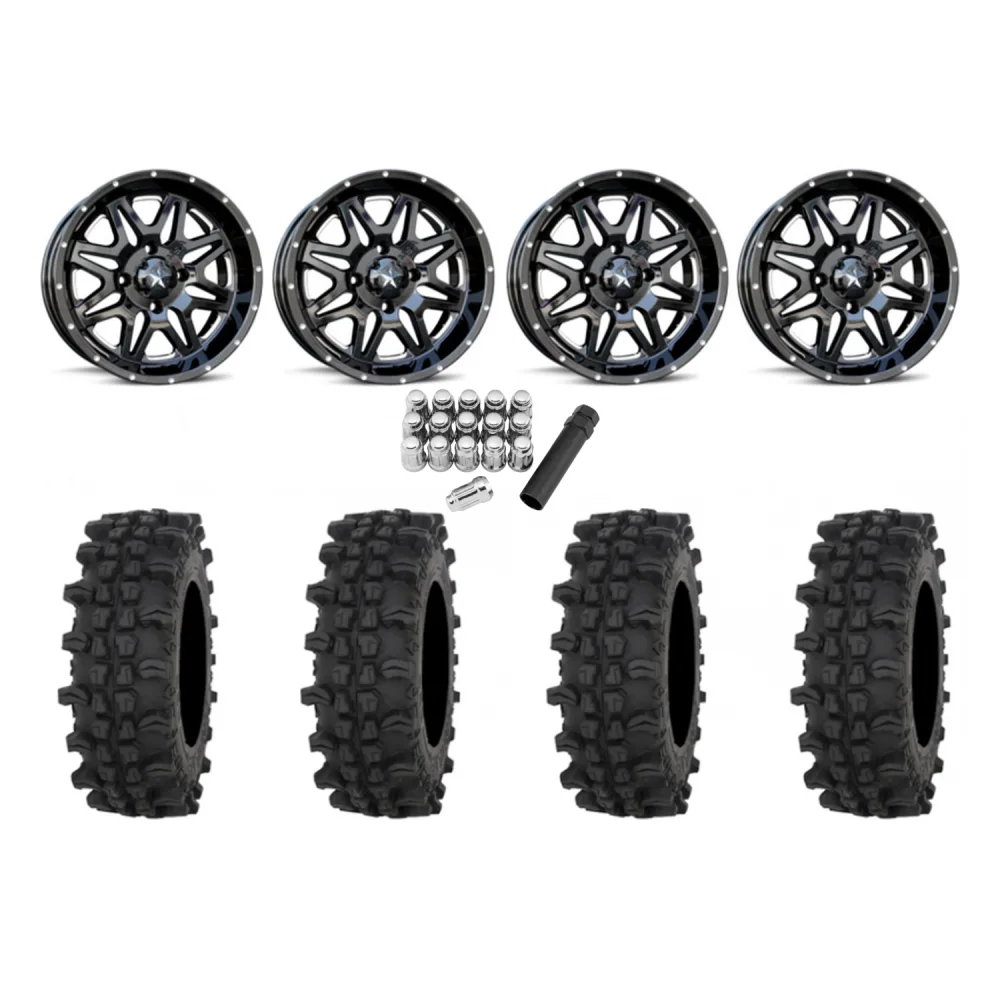 Frontline ACP 28x10-14 Tires on MSA M26 Vibe Gloss Black Milled Wheels, complete kit