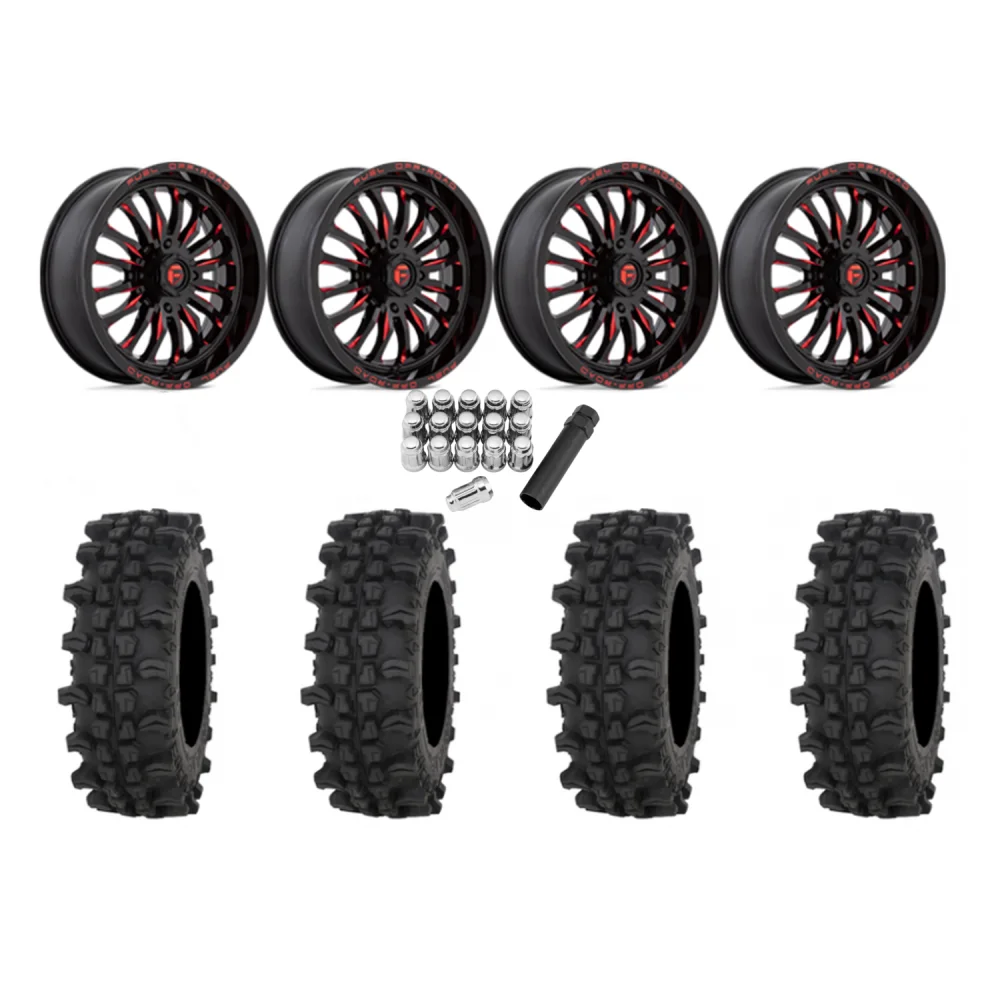 Frontline ACP 37x9.5-22 Tires on Fuel Arc Gloss Black Milled Red Wheels, complete kit