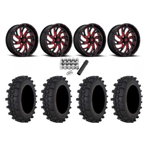 Frontline ACP 33x9.5-20 Tires on Fuel Kompressor Gloss Black with Red Tint Wheels