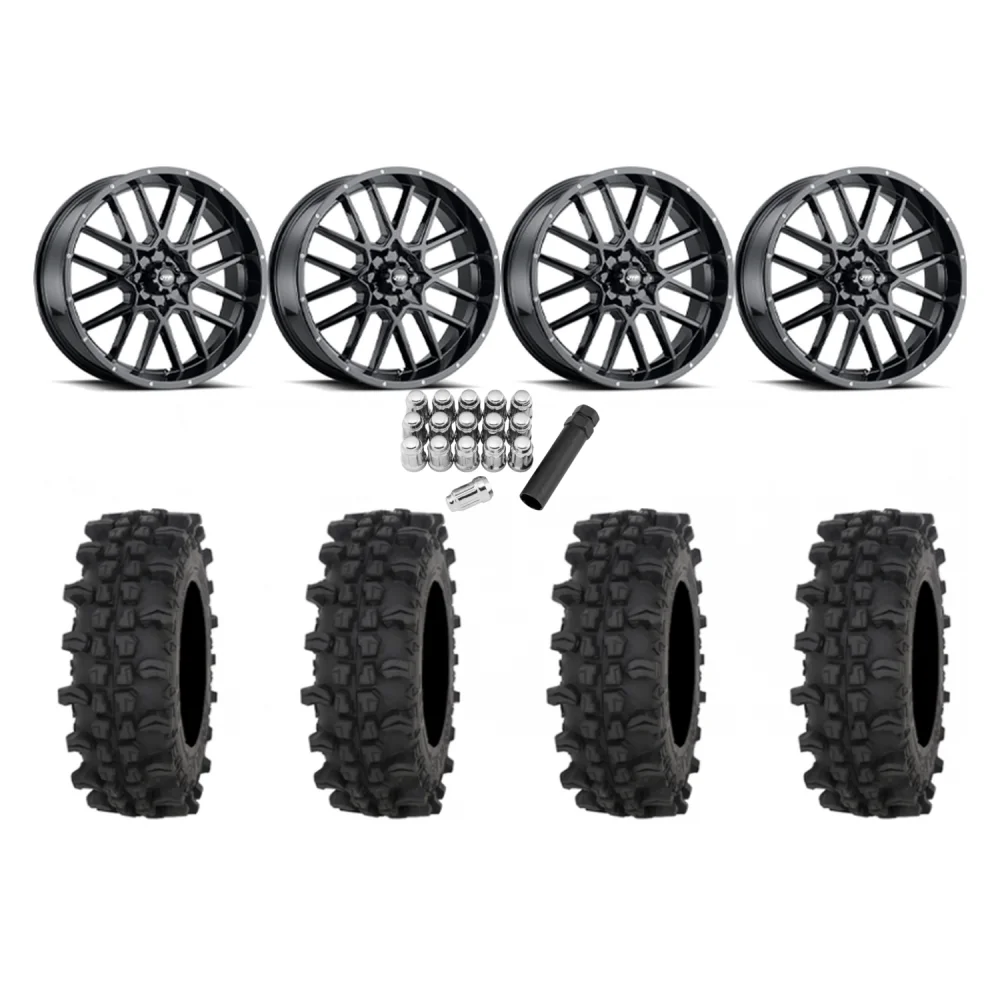 Frontline ACP 35x9.5-20 Tires on ITP Hurricane Gloss Black Wheels, complete kit