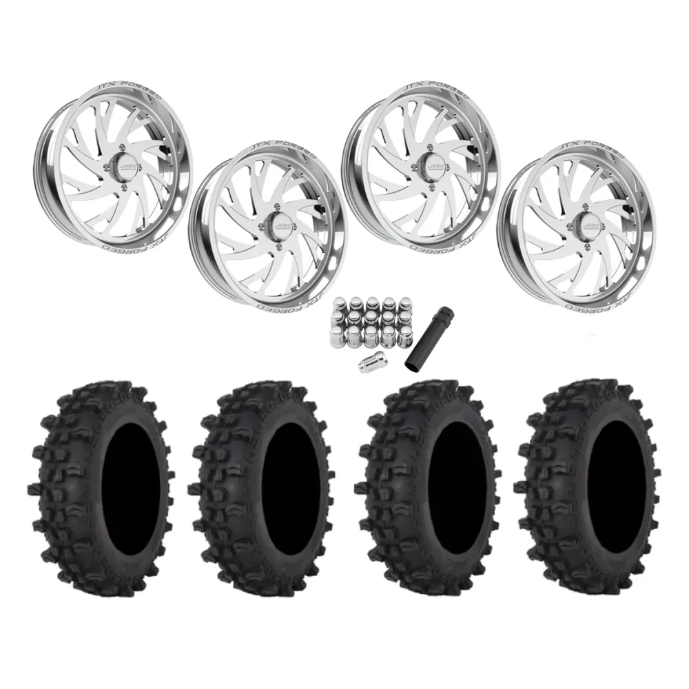 Frontline ACP 37x9.5-22 Tires on JTX Forged Sawback Polished Wheels, complete kit
