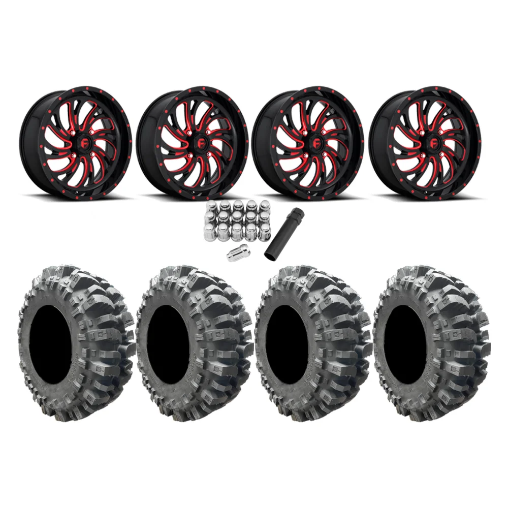 Interco Bogger 33x9.5-20 Tires on Fuel Kompressor Gloss Black w/ Red Tint Wheels, complete kit