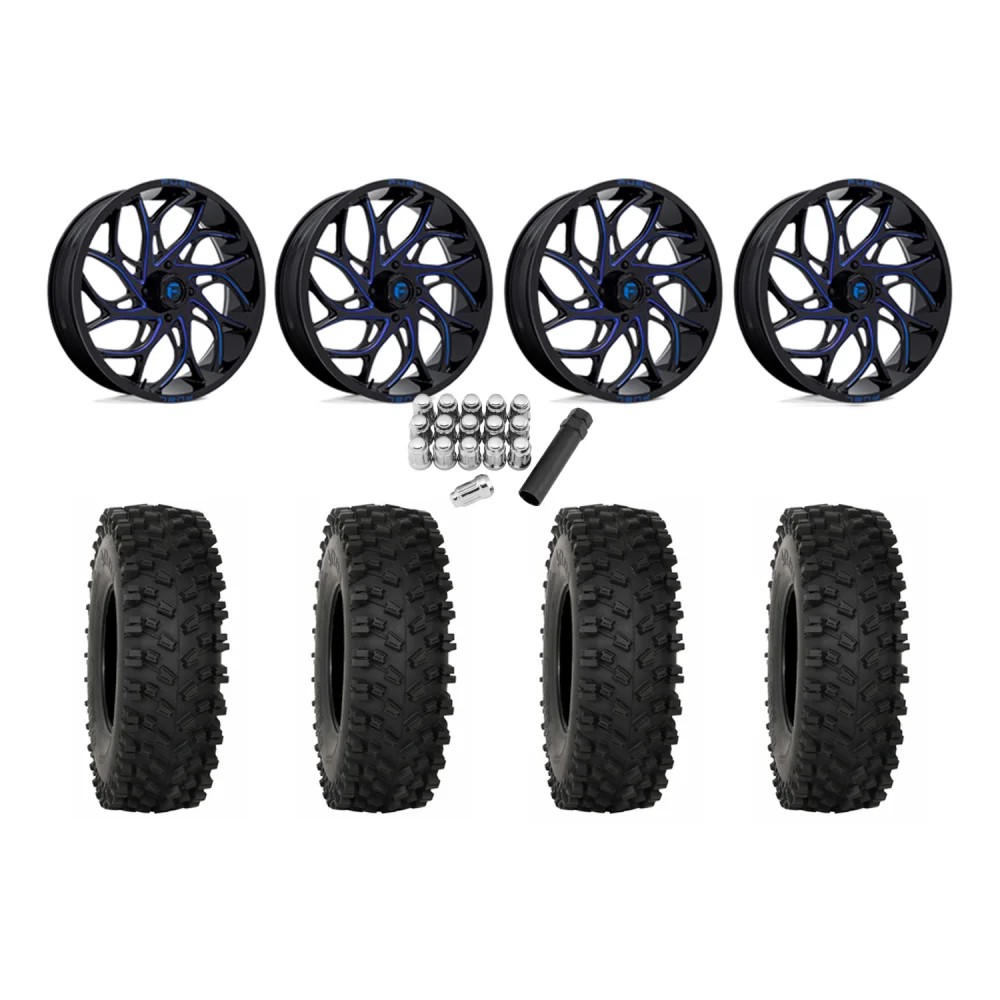 System 3 ATX470 35x10-18 Tires on Fuel Runner Candy Blue Wheels, complete kit