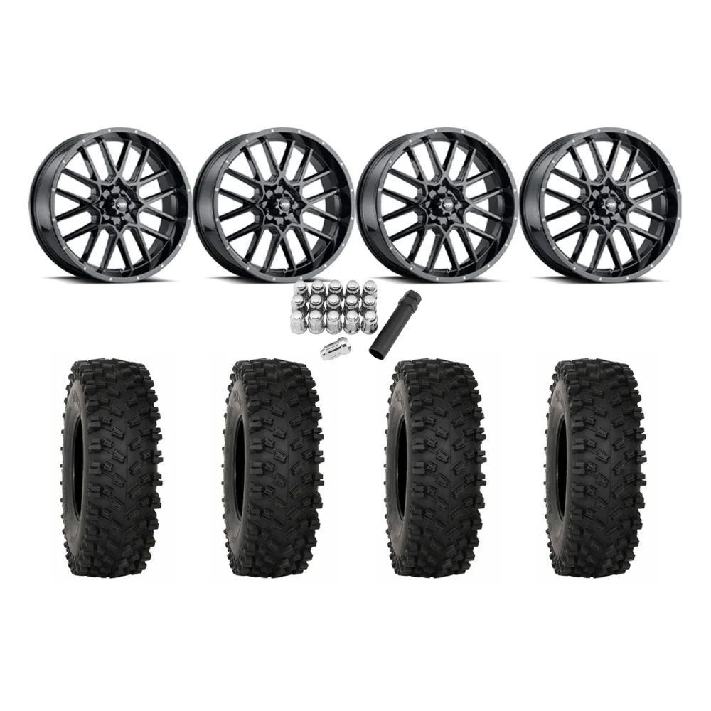 System 3 ATX470 35x10-18 Tires on ITP Hurricane Gloss Black Wheels, complete kit