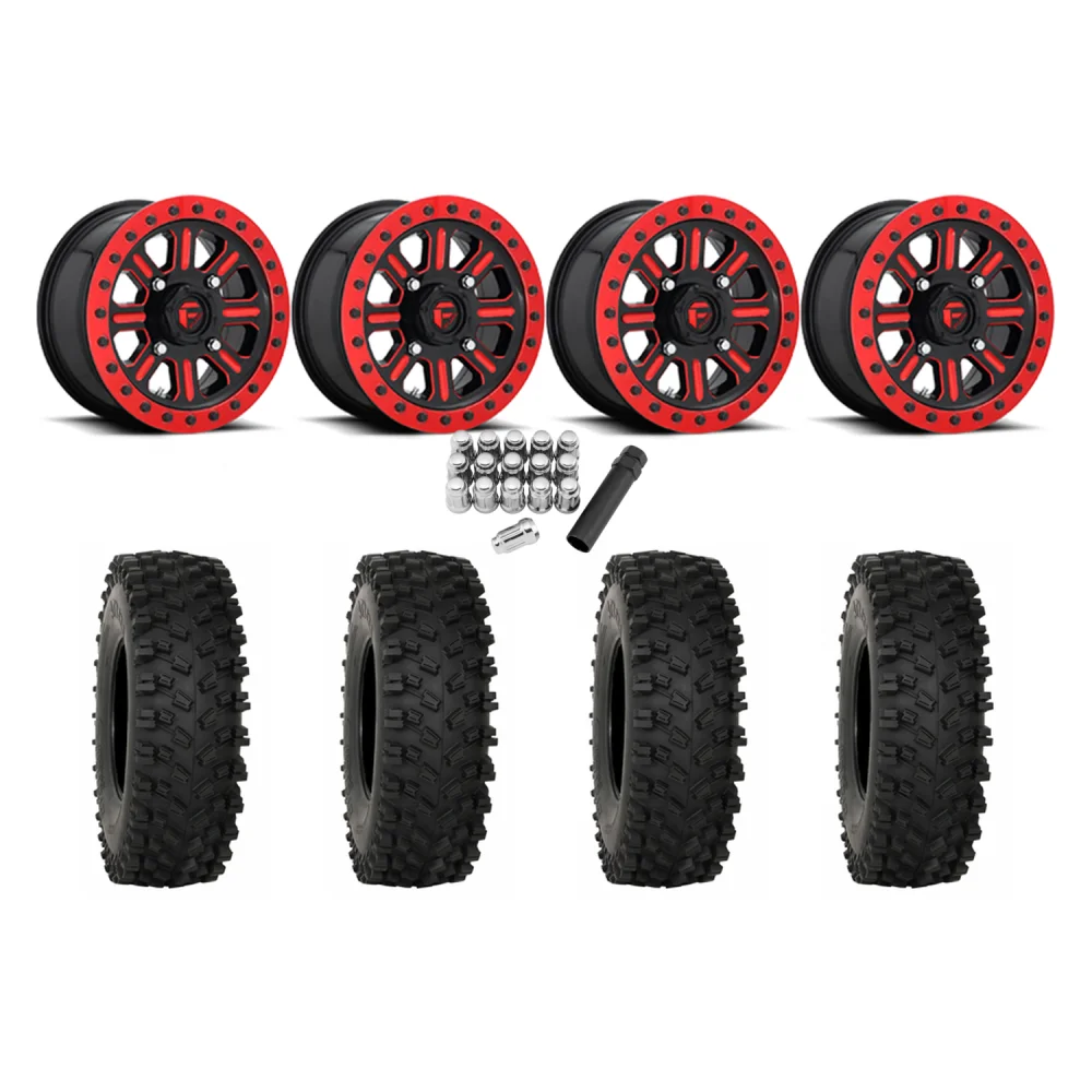 System 3 ATX470 35x10-15 Tires on Fuel Hardline Gloss Black with Candy Red Beadlock Wheels, complete kit