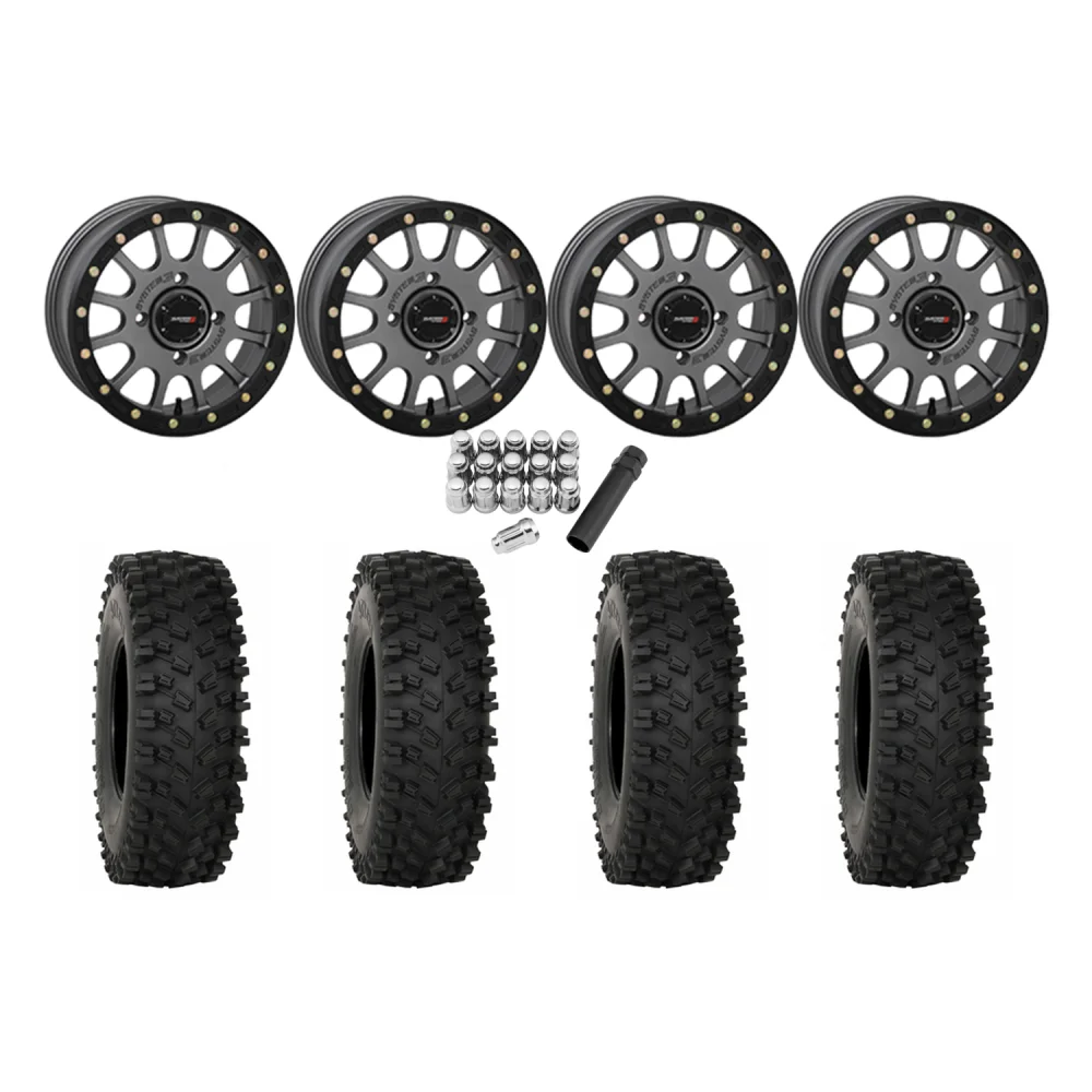 System 3 ATX470 35x10-15 Tires on SB-5 Gunmetal Grey Beadlock Wheels, complete kit