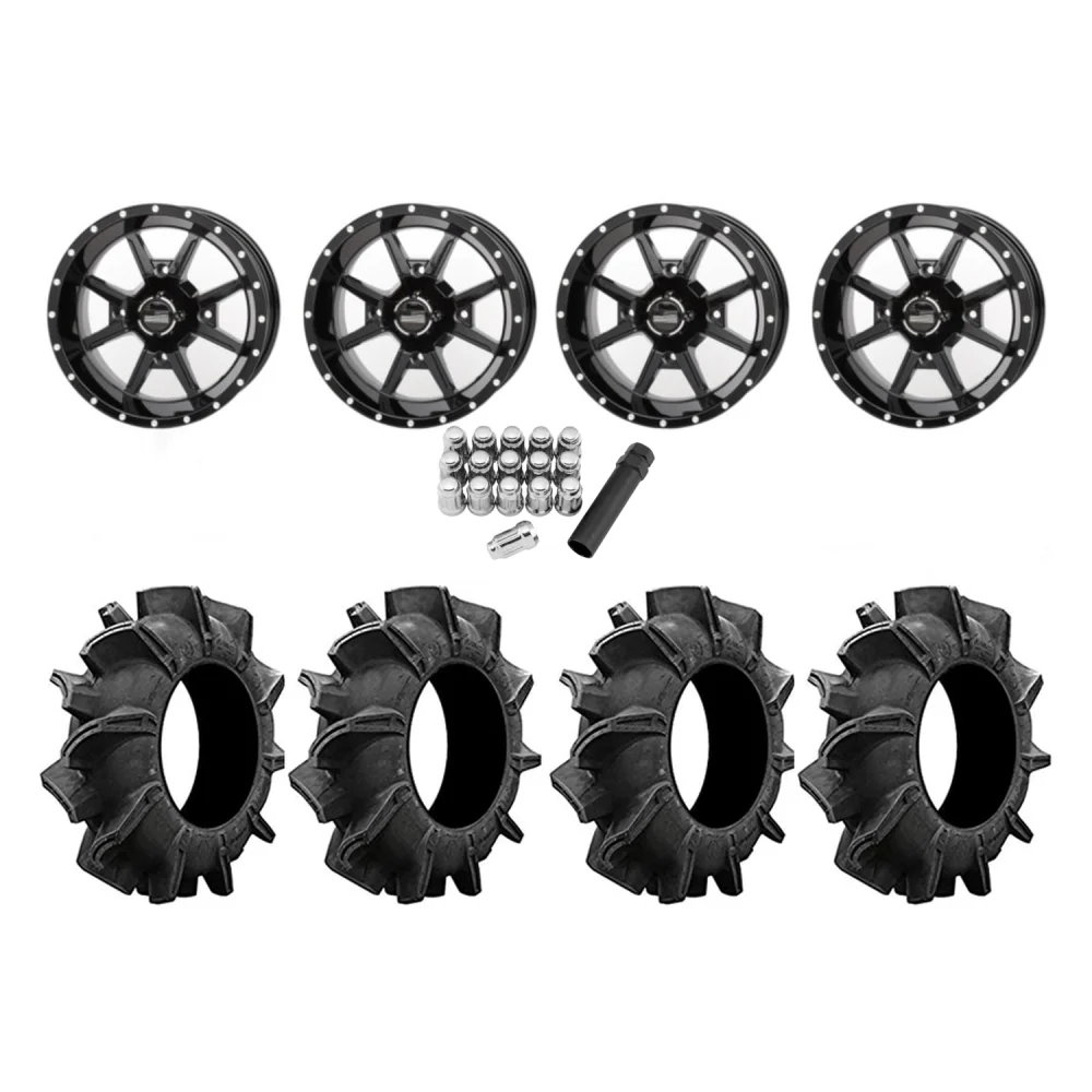Assassinator Mud Tires 28x10-14 on Frontline 556 Black Wheels, complete kit