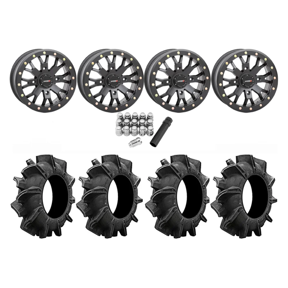 Assassinator Mud Tires 34x8-14 on SB-4 Matte Black Beadlock Wheels, complete kit