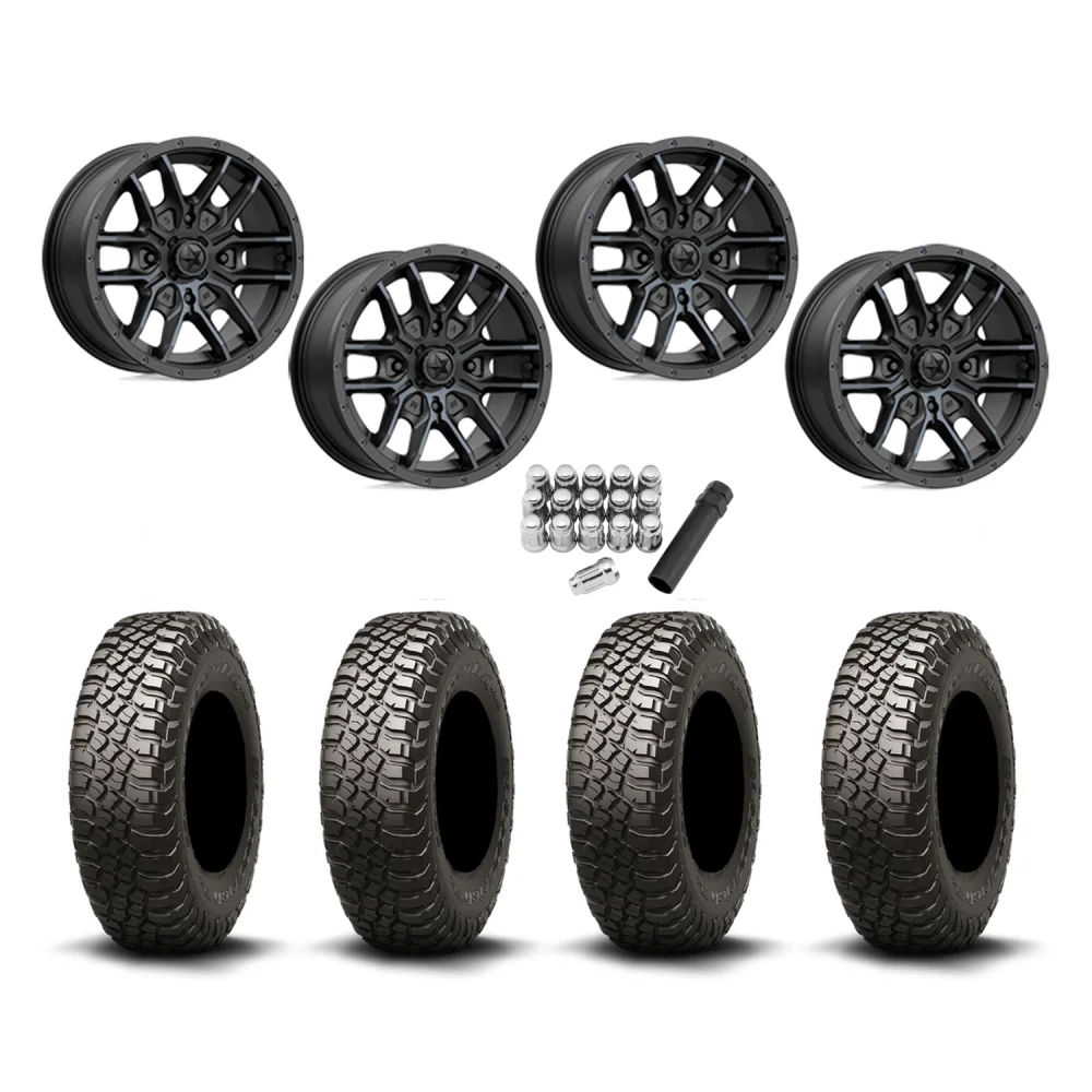 BFGoodrich Mud-Terrain KM3 28x10-14 Tires on MSA M43 Fang Titanium Tint Wheels, complete kit