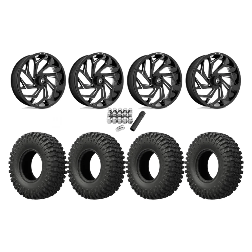 EFX MotoCrusher 40x10-18 Tires on Fuel Reaction Gloss Black Milled Wheels, complete kit