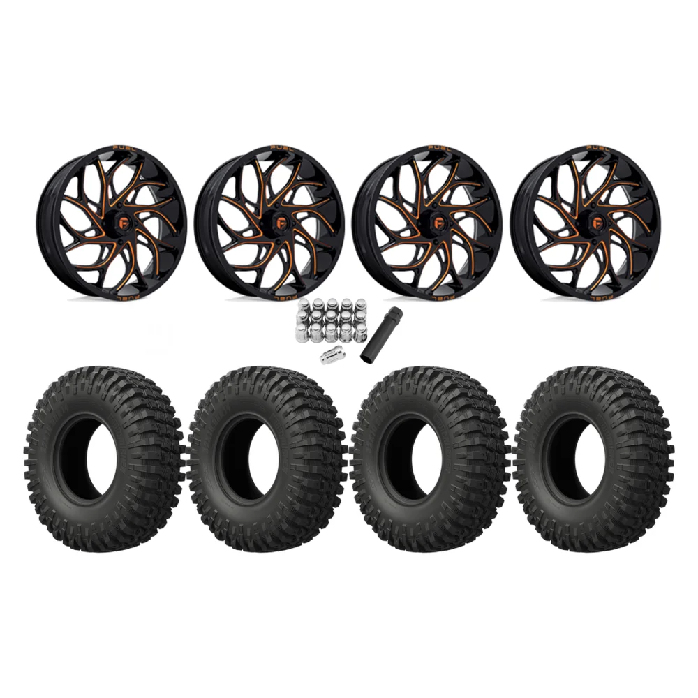 EFX MotoCrusher 37x10-18 Tires on Fuel Runner Candy Orange Wheels, complete kit