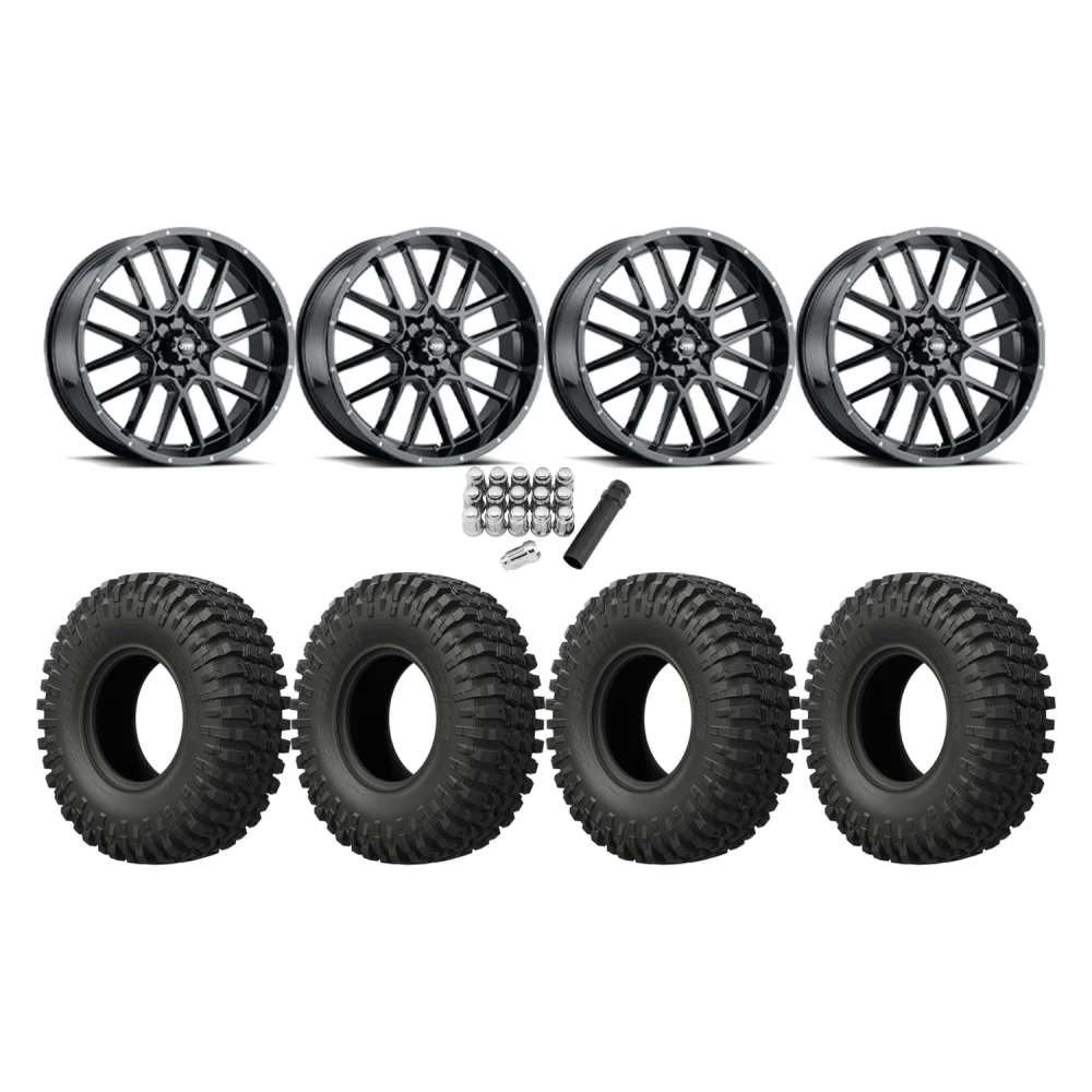 EFX MotoCrusher 37x10-18 Tires on ITP Hurricane Gloss Black Wheels, complete kit