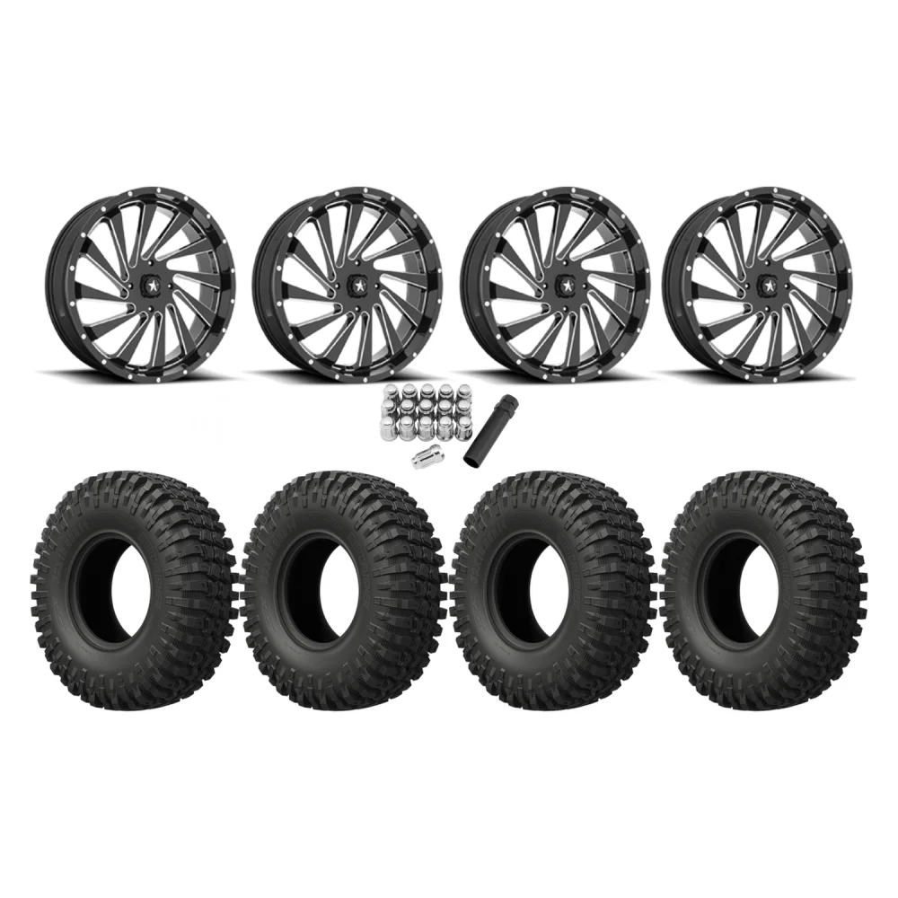 EFX MotoCrusher 40x10-18 Tires on MSA M46 Blade Gloss Black Milled Wheels, complete kit