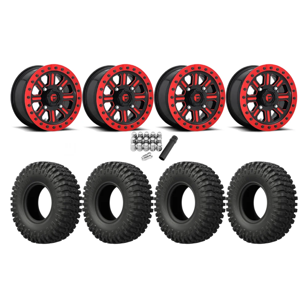 EFX MotoCrusher 32x10-15 Tires on Fuel Hardline Gloss Black with Candy Red Beadlock Wheels, complete kit