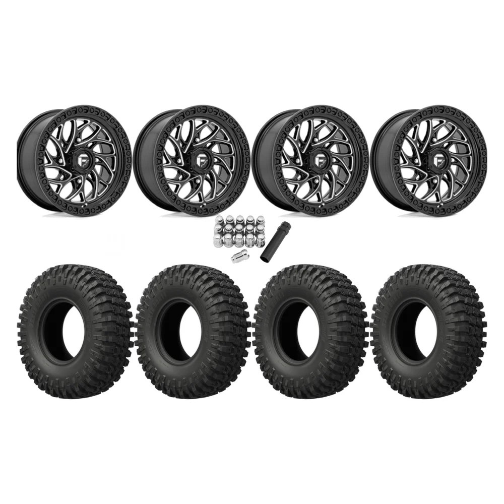 EFX MotoCrusher 32x10-15 Tires on Fuel Runner Gloss Black Milled Wheels, complete kit