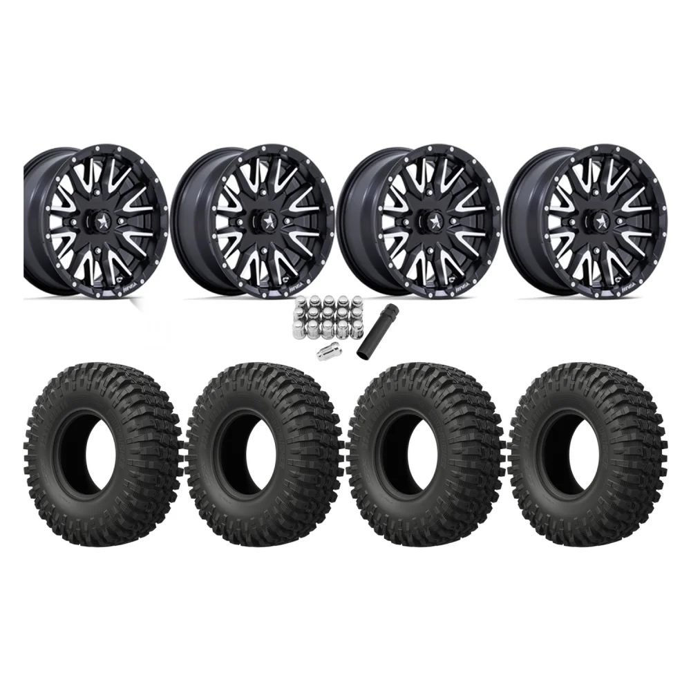 EFX MotoCrusher 32x10-15 Tires on MSA M49 Creed Matte Black & Machined Wheels, complete kit