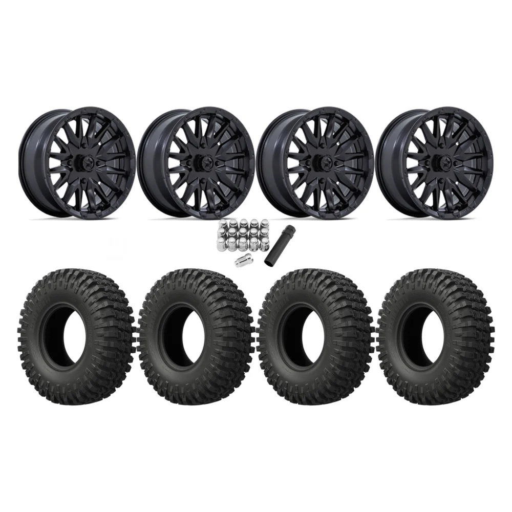 EFX MotoCrusher 32x10-15 Tires on MSA M49 Creed Matte Black Wheels, complete kit