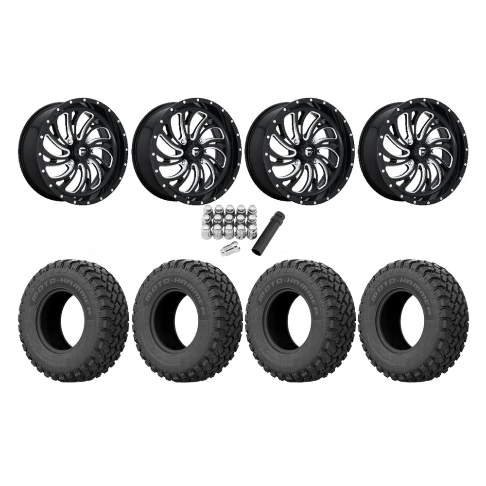 EFX MotoHammer 34x10-20 Tires on Fuel Kompressor Gloss Black Milled Wheels, complete kit