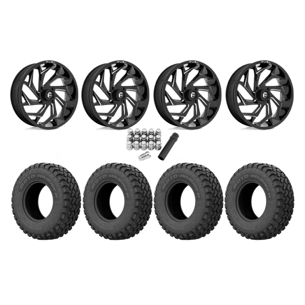 EFX MotoHammer 33x10-18 Tires on Fuel Reaction Gloss Black Milled Wheels, complete kit