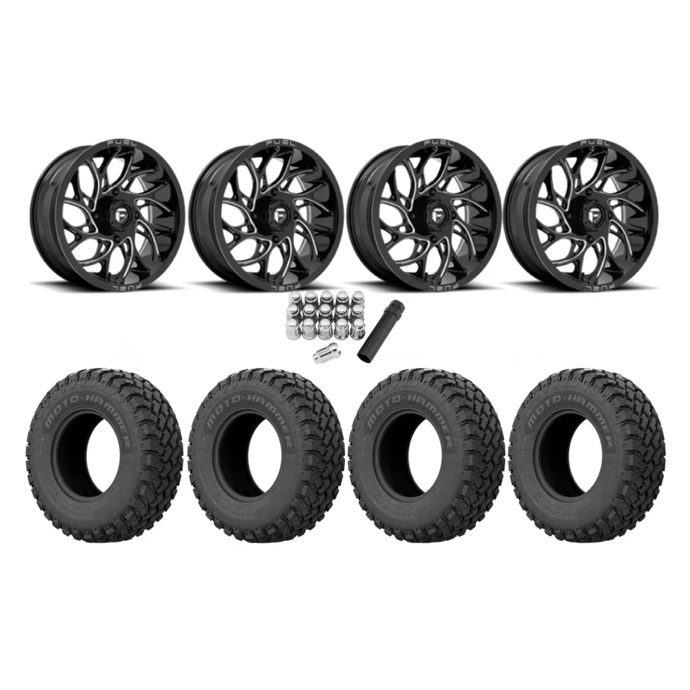EFX MotoHammer 34x10-20 Tires on Fuel Runner Gloss Black Milled Wheels, complete kit