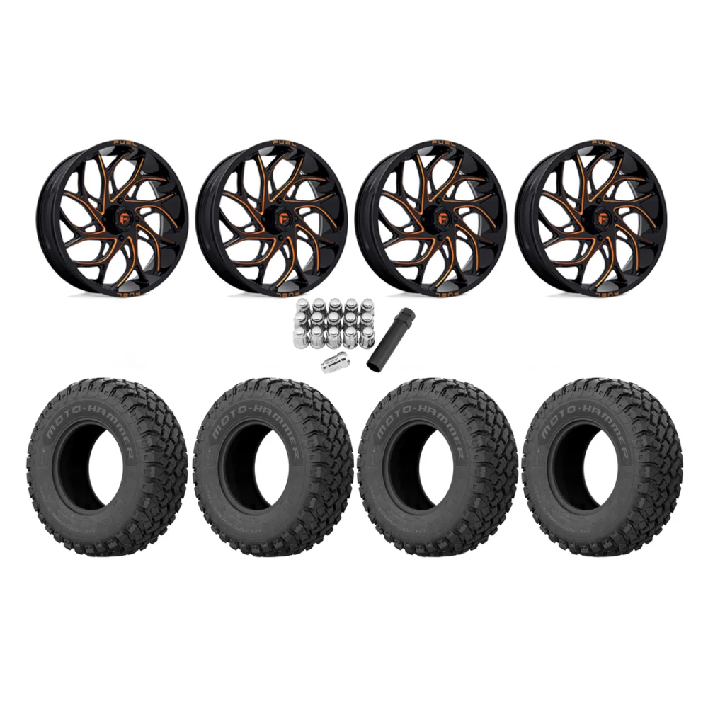 EFX Motohammer 34x10-20 Tires on Fuel Runner Candy Orange Wheels, complete kit