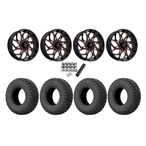 EFX Motohammer 34x10-20 Tires on Fuel Runner Candy Orange Wheels