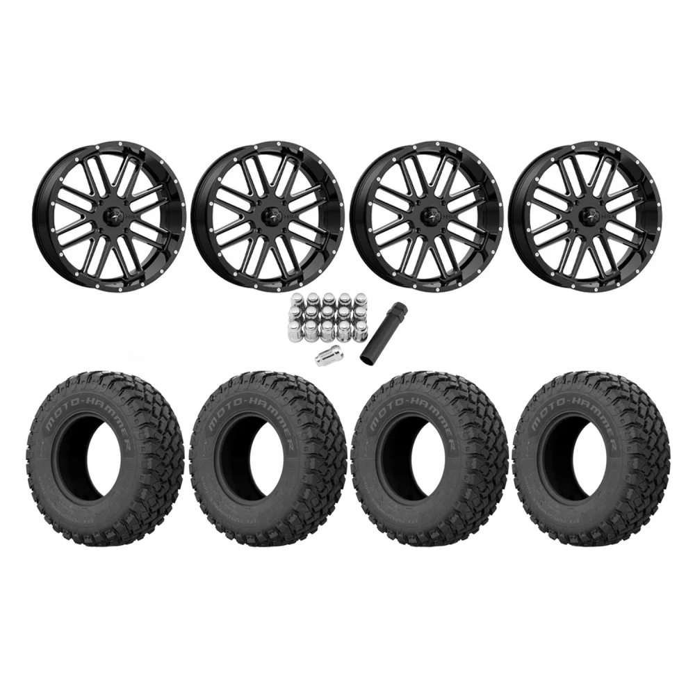 EFX MotoHammer 33x10-18 Tires on MSA M35 Bandit Gloss Black Milled Wheels, complete kit