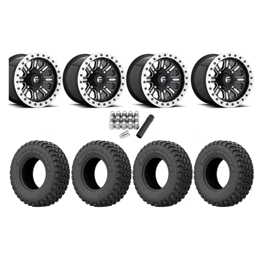 EFX MotoHammer 32x10-15 Tires on Fuel Hardline Gloss Black Milled Beadlock Wheels, complete kit