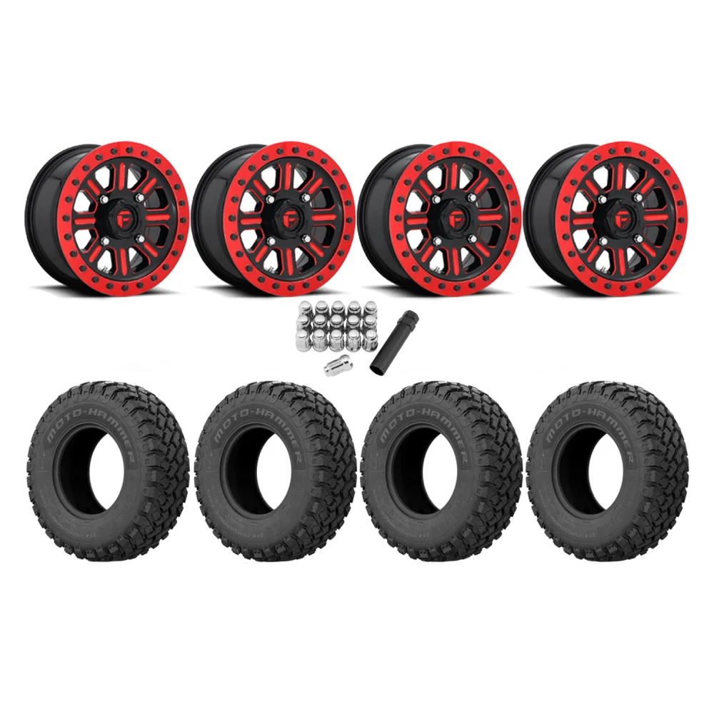 EFX MotoHammer 32x10-15 Tires on Fuel Hardline Gloss Black with Candy Red Beadlock Wheels, complete kit