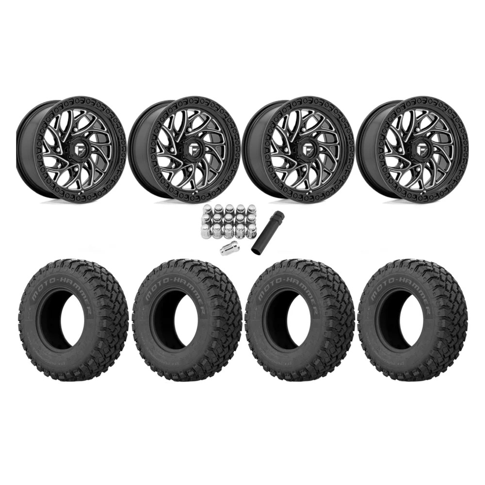 EFX MotoHammer 32x10-15 Tires on Fuel Runner Gloss Black Milled Wheels, complete kit