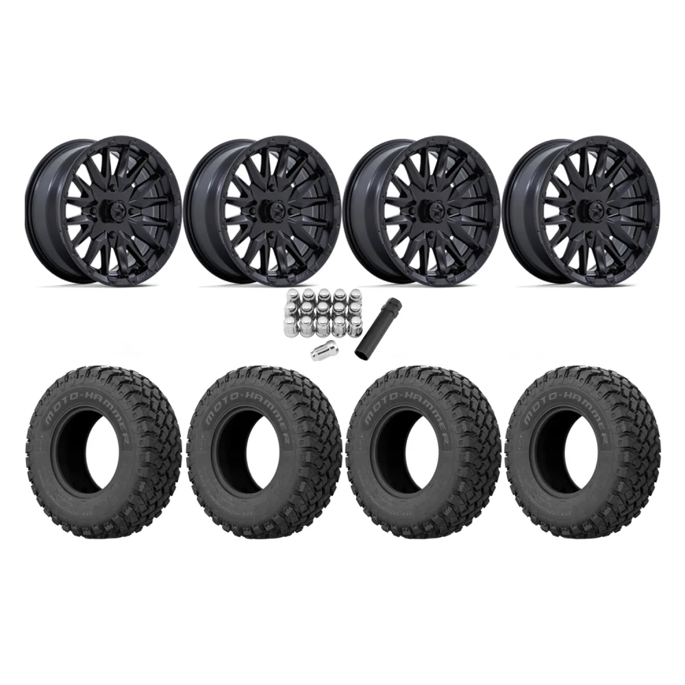 EFX MotoHammer 32x10-15 Tires on MSA M49 Creed Matte Black Wheels, complete kit