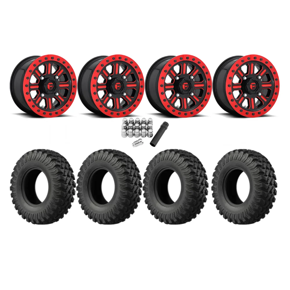 EFX MotoRally 28x10-15 Tires on Fuel Hardline Gloss Black with Candy Red Beadlock Wheels, complete kit