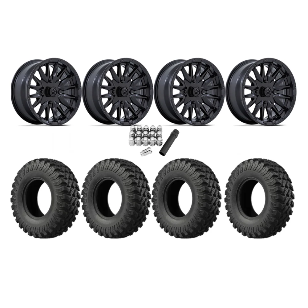 EFX MotoRally 28x10-15 Tires on MSA M49 Creed Matte Black Wheels, complete kit