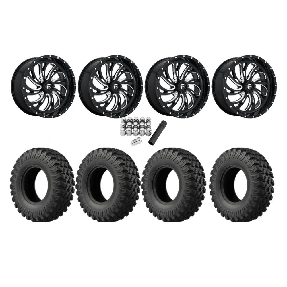 EFX MotoRally 35x10-18 Tires on Fuel Kompressor Gloss Black Milled Wheels, complete kit