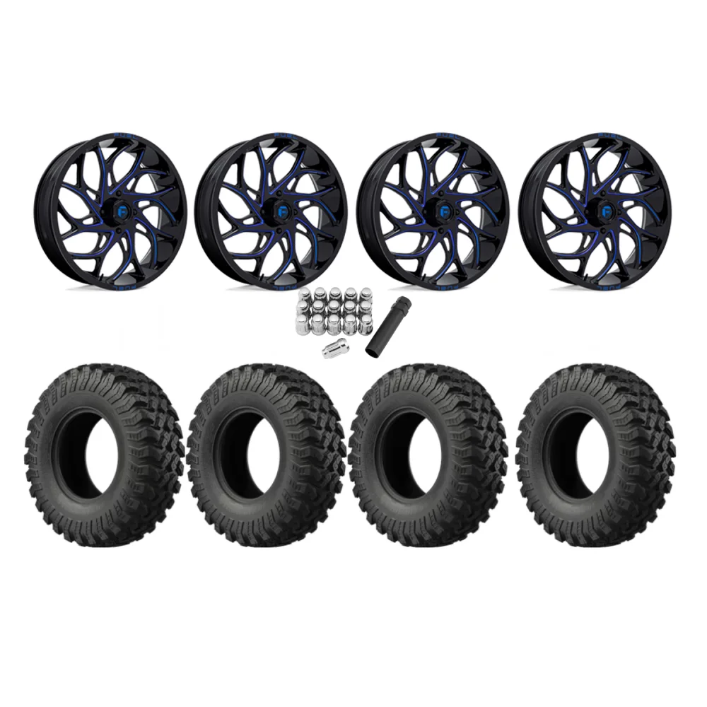EFX MotoRally 35x10-18 Tires on Fuel Runner Candy Blue Wheels, complete kit