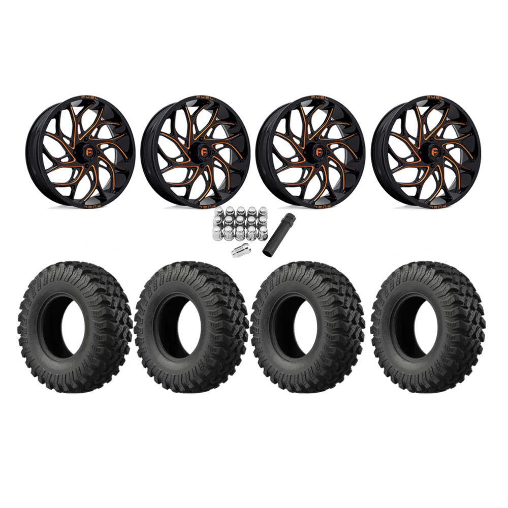 EFX MotoRally 37x10-18 Tires on Fuel Runner Candy Orange Wheels, complete kit