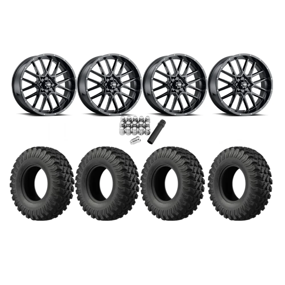 EFX MotoRally 35x10-18 Tires on ITP Hurricane Gloss Black Wheels, complete kit