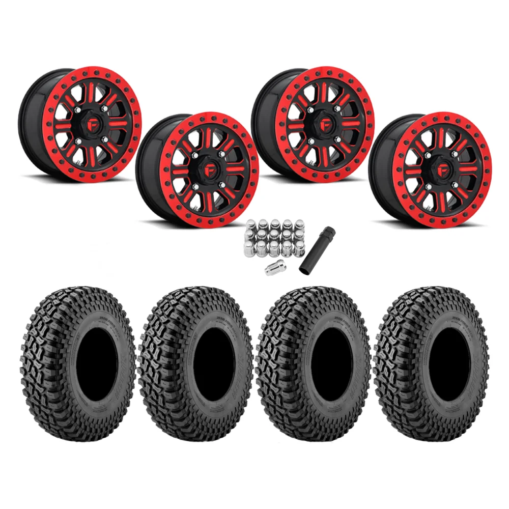 Incursion A/T 32x10-15 Tires on Fuel Hardline Gloss Black with Candy Red Beadlock Wheels, complete kit