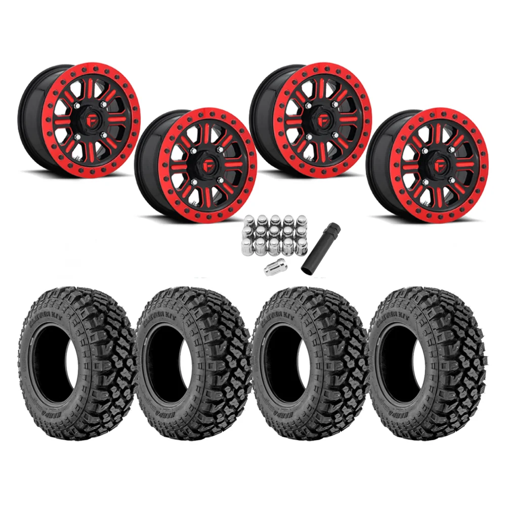 Kenda Klever X/T 32x10-15 Tires on Fuel Hardline Gloss Black with Candy Red Beadlock Wheels, complete kit