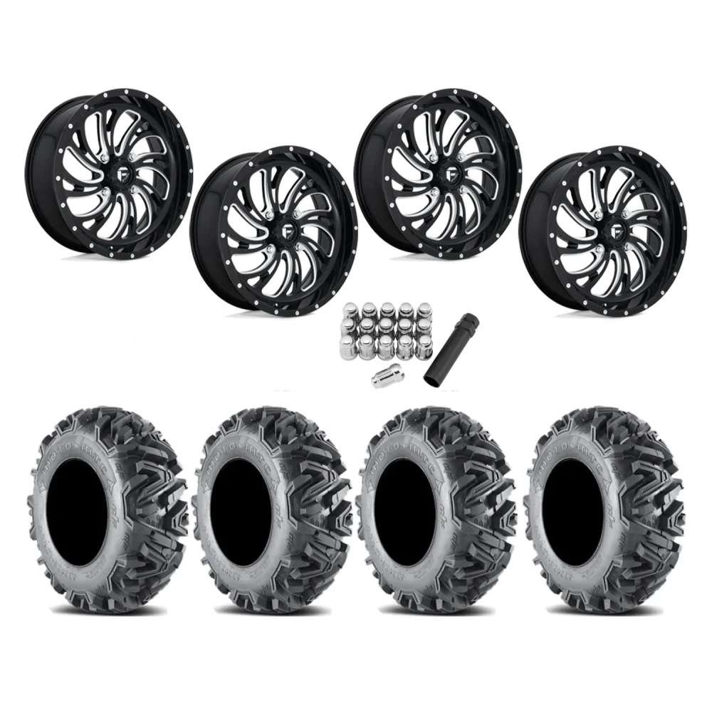 EFX MotoMTC 34x10-20 Tires on Fuel Kompressor Gloss Black Milled Wheels, complete kit