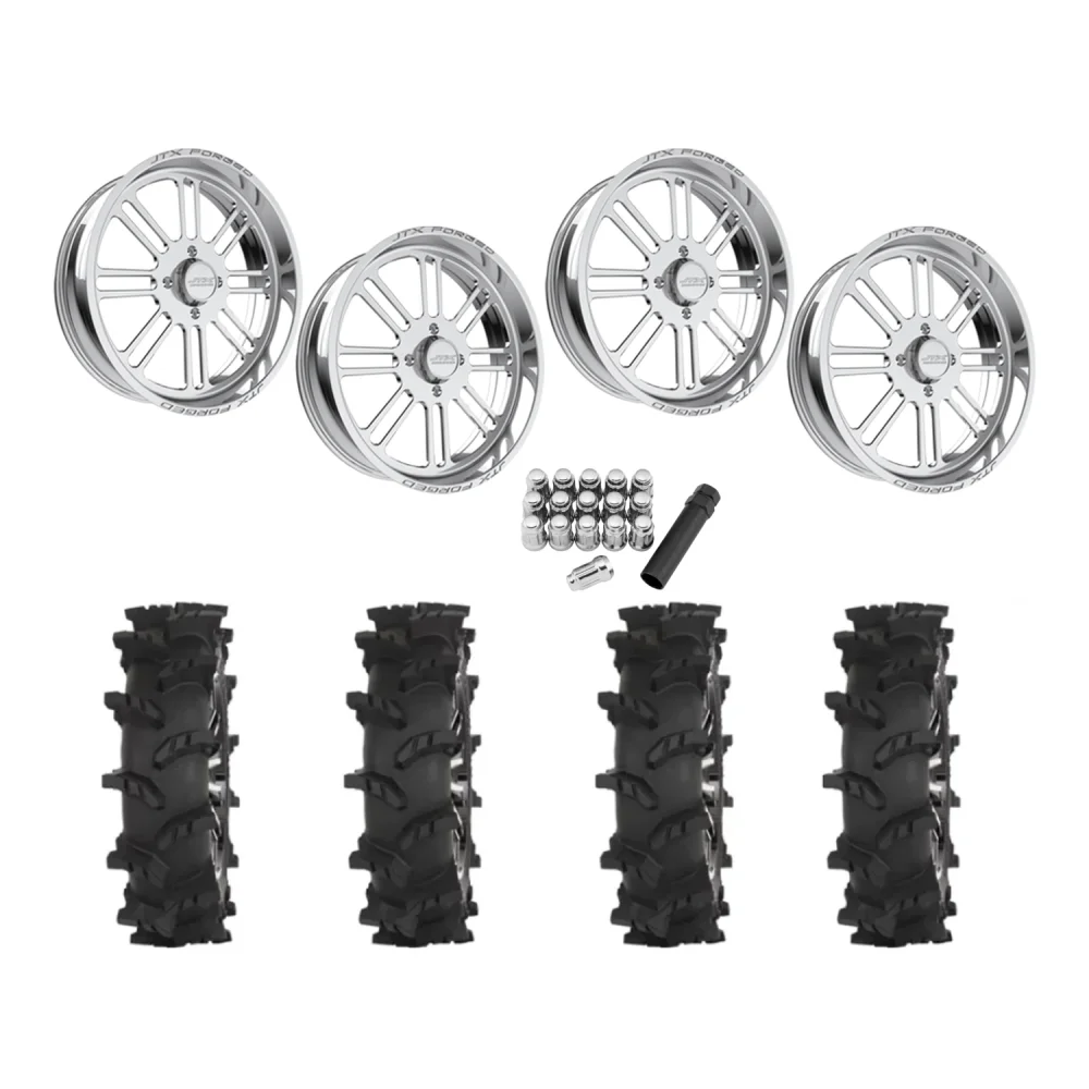 High Lifter Outlaw Max 35x10-22 Tires on JTX Forged Bayonet Polished Wheels, complete kit